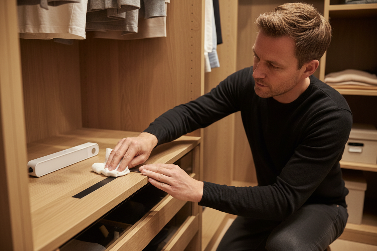 Realistic instructional lifestyle photo inside a wooden wardrobe. A Caucasian Dutch man around 40 years old cleans a smooth wooden surface with a small cloth. Below the shelf, a slim black magnetic adhesive strip is pressed firmly onto the clean surface. The LED lamp is visible nearby: elongated, rectangular, matte white, with one single button on the right side. Scandinavian interior style, warm indoor lighting, high detail, clean composition. No text, no branding