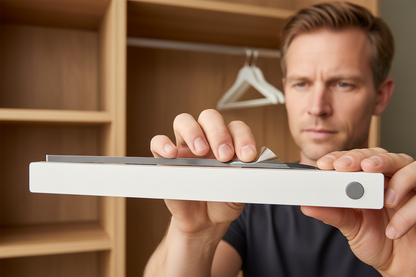 Ultra-realistic close-up product photo of a slim, elongated, rectangular LED motion sensor light, matte white finish, with one single round button on the right side of the lamp, exactly like a modern under-cabinet light. Next to it is a magnetic adhesive strip. A Caucasian Dutch man around 40 years old is peeling off the transparent protective film from the adhesive magnetic strip using his fingers. The scene is inside a modern wooden wardrobe with a light oak finish. Soft natural lighting, sharp focus on t